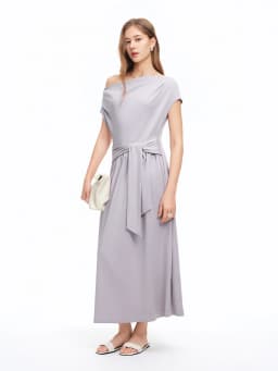 DUSHU 2026 Summer Women's Cowl Neck Maxi Dress Acetate Linen Cotton Blend Short Sleeve Long Dress for Soft Elegant Resort Style