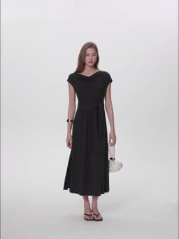 DUSHU 2026 Summer Women's Cowl Neck Maxi Dress Acetate Linen Cotton Blend Short Sleeve Long Dress for Soft Elegant Resort Style