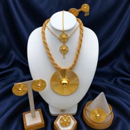 Ethiopian 24k Plated Gold 6PCS Jewelry Set For Woman's African Indian Big Pendant Necklace Wedding Engagement Gifts