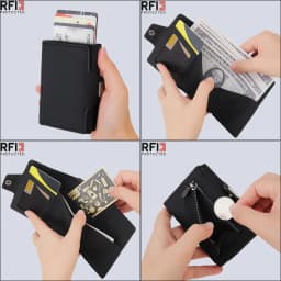 Men's Genuine Leather RFID Blocking Automatic Pop-Up Credit Card Holder Wallet with Coin Pocket Mini Aluminum Alloy Women Purse