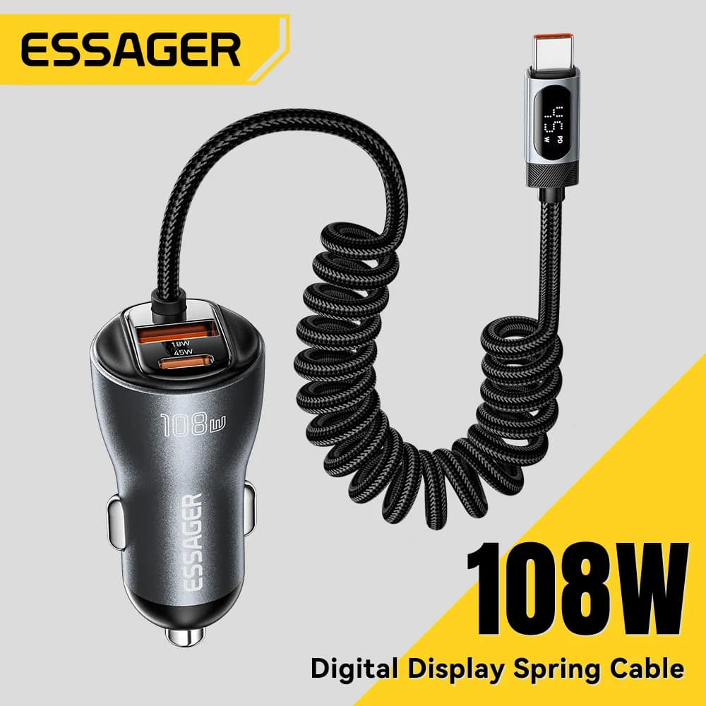 Essager 108W Car Charger with USB-C & USB-A Ports PD QC4.0 Fast Charging Digital Display Spring Cable for iPhone 17 pro MacBook