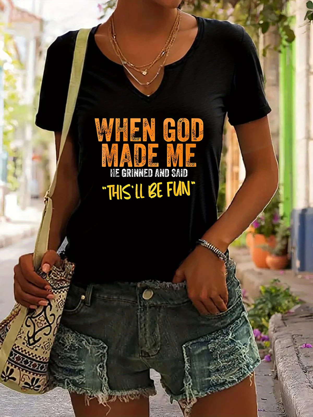 Women's Summer V-Neck Short Sleeve T-Shirt, "When God Made Me" Funny Slogan Print, Humorous Casual Fashion Top