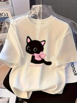 Cute Black Cat Pink Bow Graphic T Shirt Women Summer Casual Short Sleeve Crew Neck Loose Tee Kawaii Kitten Harajuku Top