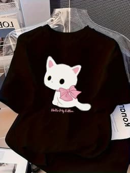 Cute Black Cat Pink Bow Graphic T Shirt Women Summer Casual Short Sleeve Crew Neck Loose Tee Kawaii Kitten Harajuku Top
