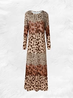 Boho Leopard Print Patchwork Vintage Dress for Women Long Sleeve Round Neck Midi Dress Casual Summer Fall Fashion Clothing