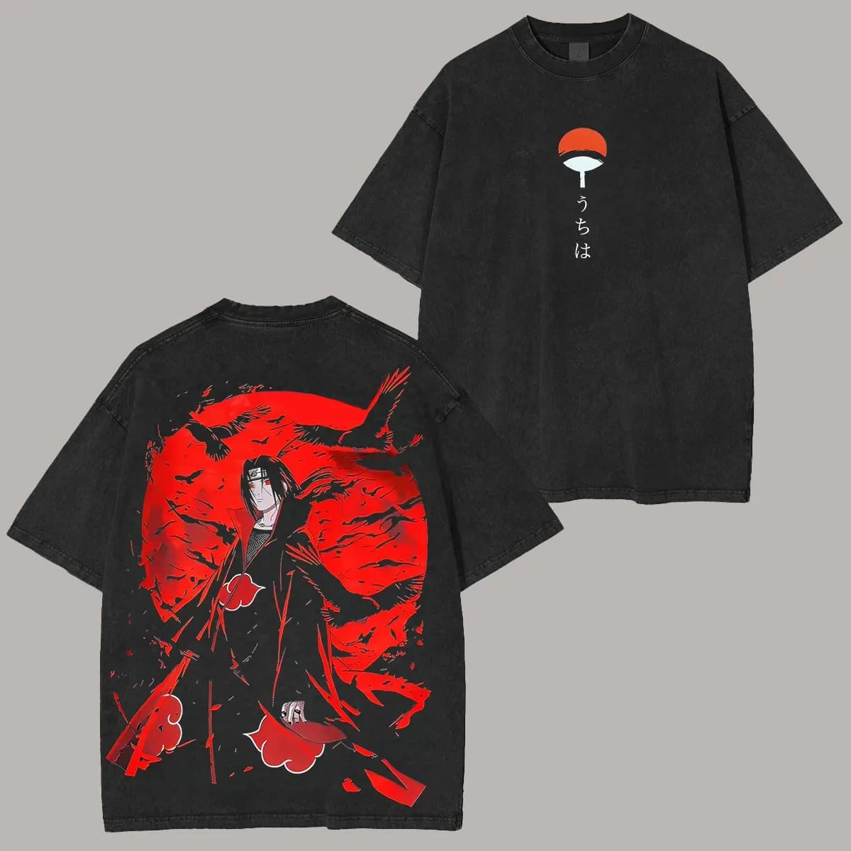 Naruto Itachi Uchiha T Shirt Red Moon Crow Vintage Acid Wash Streetwear Retro Anime Graphic Men Tees Cotton Clothing 2026 Summer