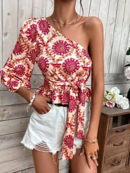 New printed single shoulder lantern sleeves with ruffled hem and drawstring shirt top for women