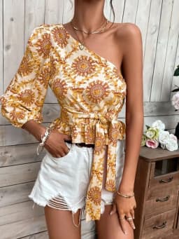 New printed single shoulder lantern sleeves with ruffled hem and drawstring shirt top for women