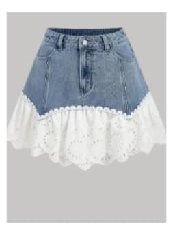 2026 New Women's Summer High Waist Denim Patchwork Lace Eyelet Ruffle Hem Mini Skirt Cute Y2K Streetwear A-Line Skirt
