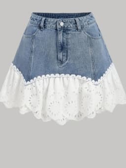 2026 New Women's Summer High Waist Denim Patchwork Lace Eyelet Ruffle Hem Mini Skirt Cute Y2K Streetwear A-Line Skirt