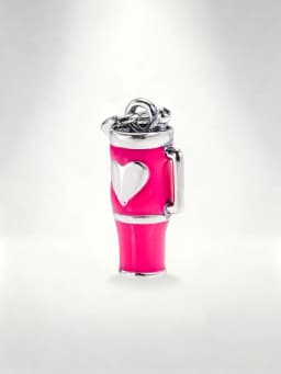 S925 Sterling Silver Pink Enamel Drink Cup Charm - Heart Design Tumbler Pendant for Bracelet