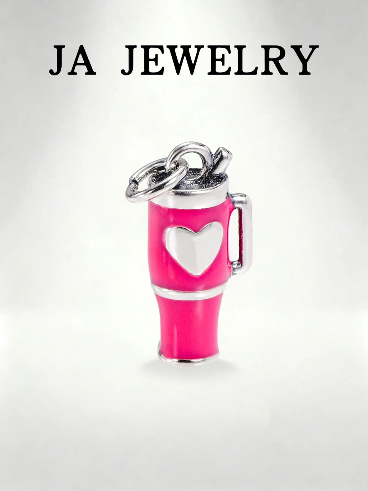 S925 Sterling Silver Pink Enamel Drink Cup Charm - Heart Design Tumbler Pendant for Bracelet