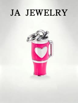 S925 Sterling Silver Pink Enamel Drink Cup Charm - Heart Design Tumbler Pendant for Bracelet