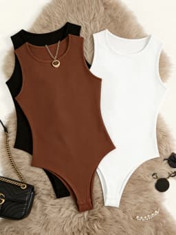 Women 3 Pack Solid Ribbed Round Neck Bodysuit Casual Sleeveless Form Fitting One Piece Bodysuit Set