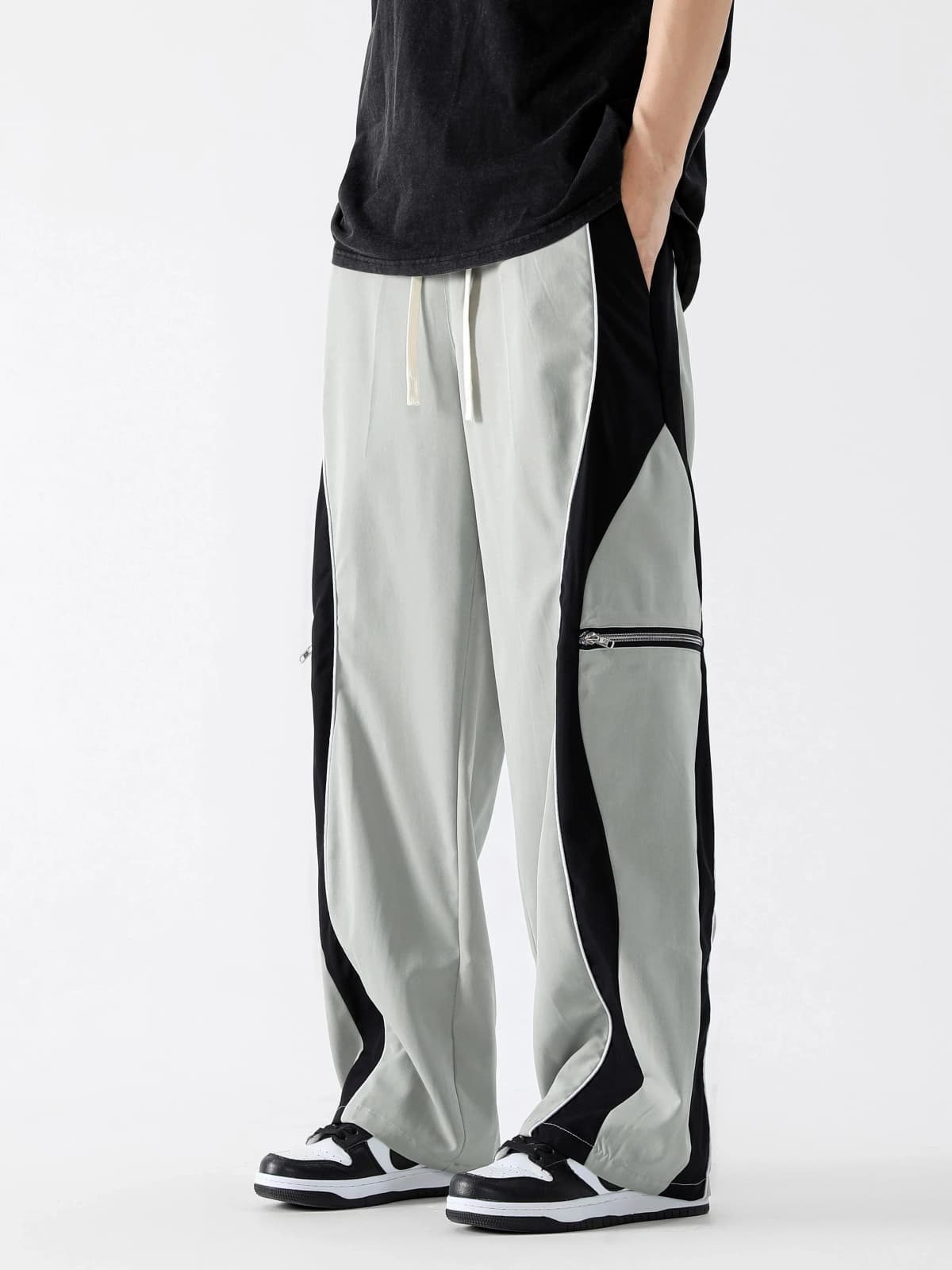 2026 Men's Lightweight Quick Dry Loose Fit Pants Light Block White Piping Zipper Pocket Drawstring Casual Streetwear Trousers