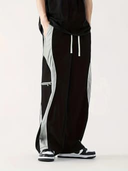 2026 Men's Lightweight Quick Dry Loose Fit Pants Light Block White Piping Zipper Pocket Drawstring Casual Streetwear Trousers