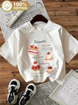 Delicate Style Dessert Cake, Cheesecake, Strawberry Waffle Printed T Shirt Short Sleeve Women T-Shirt Vintage Graphic Tops Tees