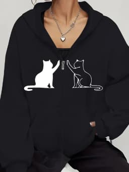Harajuku Women's Sweatshirts Long Sleeve Zip-Up Casual Jacket with Cat Prints, Suitable for All Seasons Women'S Apparel Hoodie