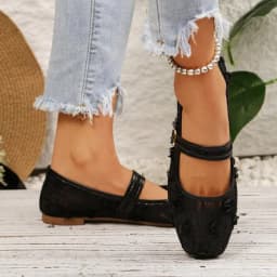 Sweet Women's Lace Floral Mary Jane Flats Square Toe Buckle Strap Slip on Casual Walking Shoes