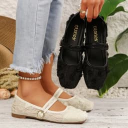 Sweet Women's Lace Floral Mary Jane Flats Square Toe Buckle Strap Slip on Casual Walking Shoes