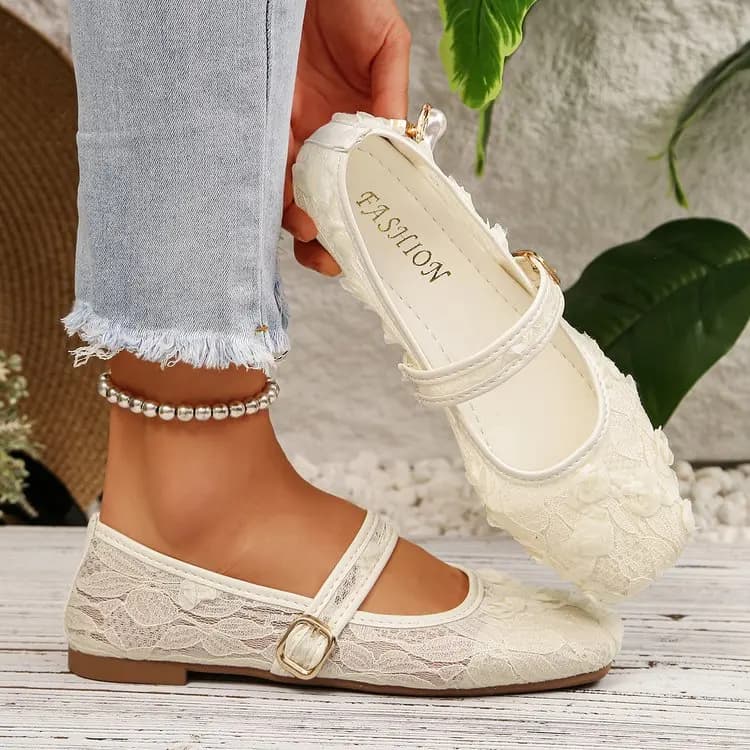 Sweet Women's Lace Floral Mary Jane Flats Square Toe Buckle Strap Slip on Casual Walking Shoes