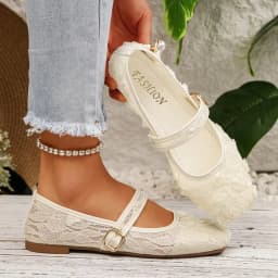Sweet Women's Lace Floral Mary Jane Flats Square Toe Buckle Strap Slip on Casual Walking Shoes