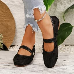 Sweet Women's Lace Floral Mary Jane Flats Square Toe Buckle Strap Slip on Casual Walking Shoes