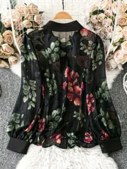 2026 Spring New Vintage Ink Floral Print Turn-Down Collar Shirt Women's Loose Lantern Sleeve Sheer Chiffon Blouse for Work and Date Elegant Top