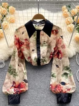 2026 Spring New Vintage Ink Floral Print Turn-Down Collar Shirt Women's Loose Lantern Sleeve Sheer Chiffon Blouse for Work and Date Elegant Top