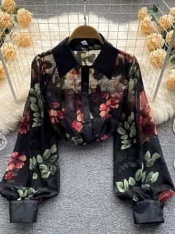 2026 Spring New Vintage Ink Floral Print Turn-Down Collar Shirt Women's Loose Lantern Sleeve Sheer Chiffon Blouse for Work and Date Elegant Top