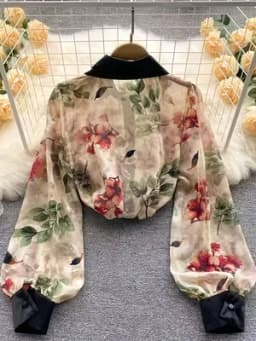 2026 Spring New Vintage Ink Floral Print Turn-Down Collar Shirt Women's Loose Lantern Sleeve Sheer Chiffon Blouse for Work and Date Elegant Top