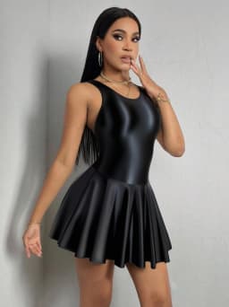 Women Dress Glossy Stretchy Sleeveless Pink Tank Dresses Solid Athletic Tennis Dress Black Swimwear Beachr Nightgown Pajamas