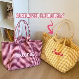 (Custom Embroidery) Women's Tote Bag, Personalized Embroidered Simple Plaid Canvas Bag, Original Niche Versatile Large-Capacity Tote Bag for Commuting, Student Shoulder Bag for Class