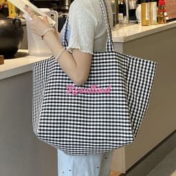 (Custom Embroidery) Women's Tote Bag, Personalized Embroidered Simple Plaid Canvas Bag, Original Niche Versatile Large-Capacity Tote Bag for Commuting, Student Shoulder Bag for Class
