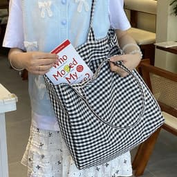 (Custom Embroidery) Women's Tote Bag, Personalized Embroidered Simple Plaid Canvas Bag, Original Niche Versatile Large-Capacity Tote Bag for Commuting, Student Shoulder Bag for Class