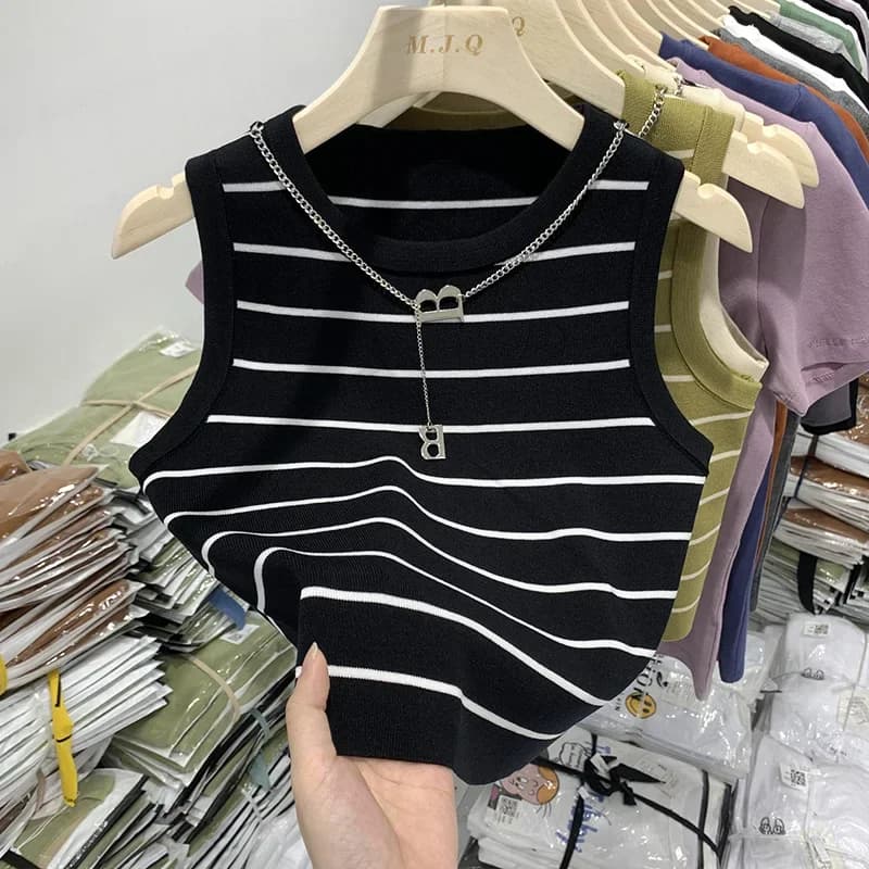 Women Tank Top & Camis New Basic Bottoming Striped Chain Elasticity Vests Summer 2026 Wild Crop Tops