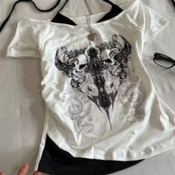 Y2k Slim Fit Print Tops Women Off Shoulder Short Sleeve Tee Shirt Neploe American Vintage Fake Two Piece Halter Lace Up T-shirts