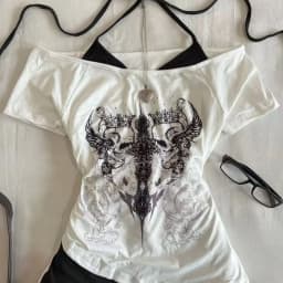 Y2k Slim Fit Print Tops Women Off Shoulder Short Sleeve Tee Shirt Neploe American Vintage Fake Two Piece Halter Lace Up T-shirts