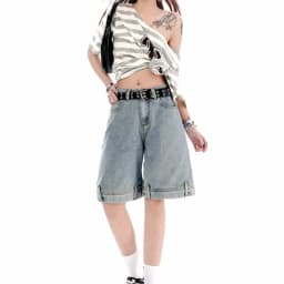 Women's 2026 Summer New Knee Length Denim Shorts Loose Wide Leg Retro Washed Casual Breathable Straight Leg Pants Streetwear