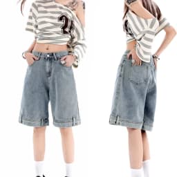 Women's 2026 Summer New Knee Length Denim Shorts Loose Wide Leg Retro Washed Casual Breathable Straight Leg Pants Streetwear