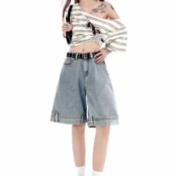 Women's 2026 Summer New Knee Length Denim Shorts Loose Wide Leg Retro Washed Casual Breathable Straight Leg Pants Streetwear
