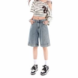 Women's 2026 Summer New Knee Length Denim Shorts Loose Wide Leg Retro Washed Casual Breathable Straight Leg Pants Streetwear