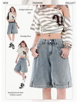 Women's 2026 Summer New Knee Length Denim Shorts Loose Wide Leg Retro Washed Casual Breathable Straight Leg Pants Streetwear