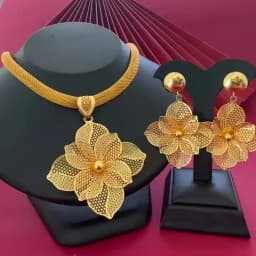 18K Gold Plated Hollow Flower Jewelry Set for Women Mesh Choker Necklace Large Floral Dangle Earrings Dubai African Style