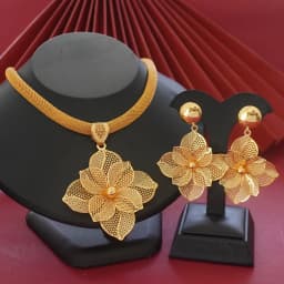 18K Gold Plated Hollow Flower Jewelry Set for Women Mesh Choker Necklace Large Floral Dangle Earrings Dubai African Style