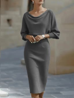 Elegant Knitted Long Sleeve U-Neck Bodycon Midi Dress – Slim Fit Knit Dress for Women – Casual & Office Wear
