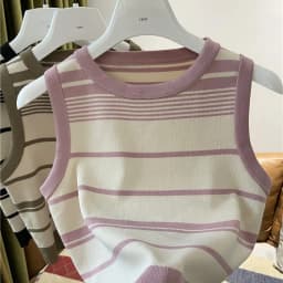 Fashion Stripe Blocking Korean Style Knitted Striped Crop Tops 2026 Sexy Short Top Women's Sleeveless O Neck Versatile Tank Tops