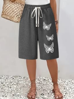 Butterfly Printed Casual Shorts Elegant Shorts for Women Double Pocket Design Loose Fit Knee Length Suitable for Daily