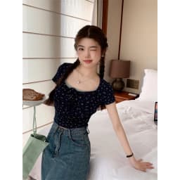 Korean Gentle Sweet Style Tie Up Square Neck Short Sleeve T-shirt Women's Summer Floral Print Elastic Short Bottom Top