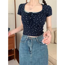 Korean Gentle Sweet Style Tie Up Square Neck Short Sleeve T-shirt Women's Summer Floral Print Elastic Short Bottom Top